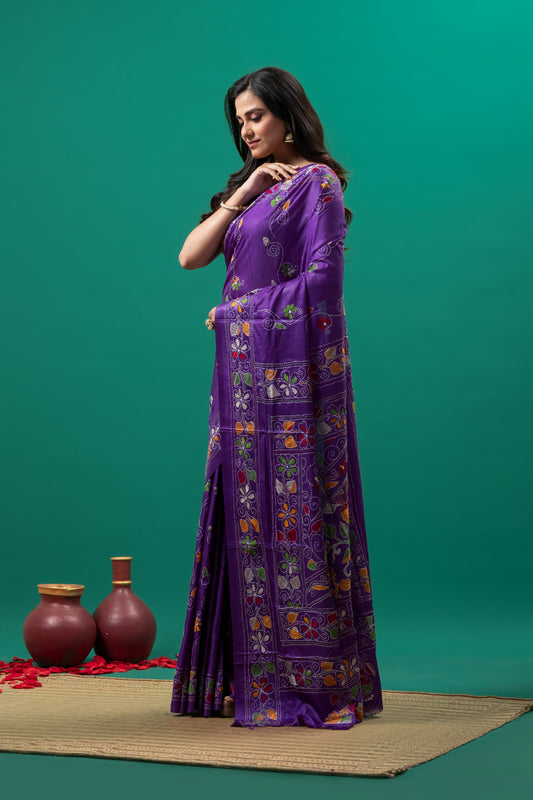Purple Hand kantha stitch saree