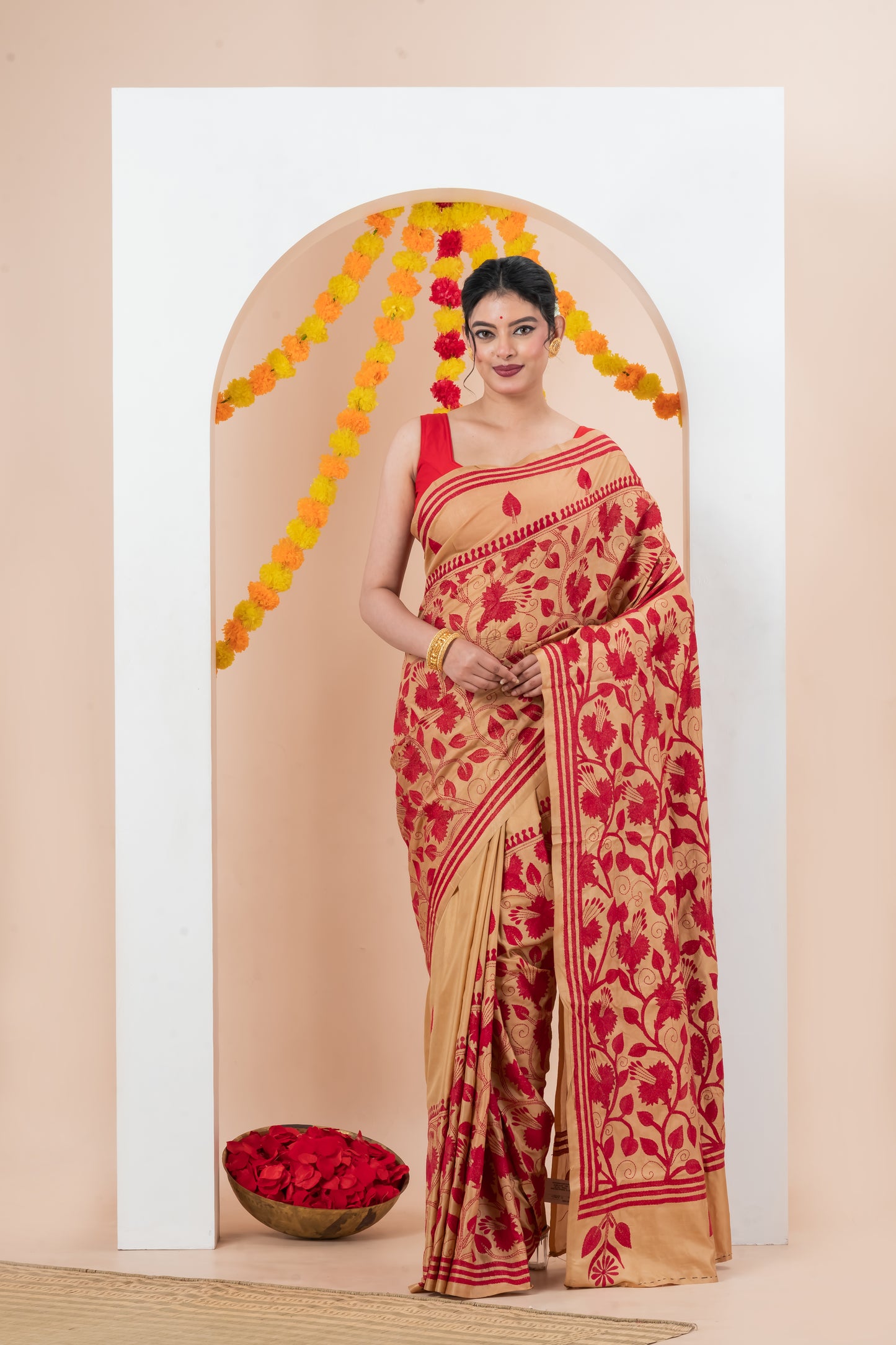 Red Floral-Patterned Saree