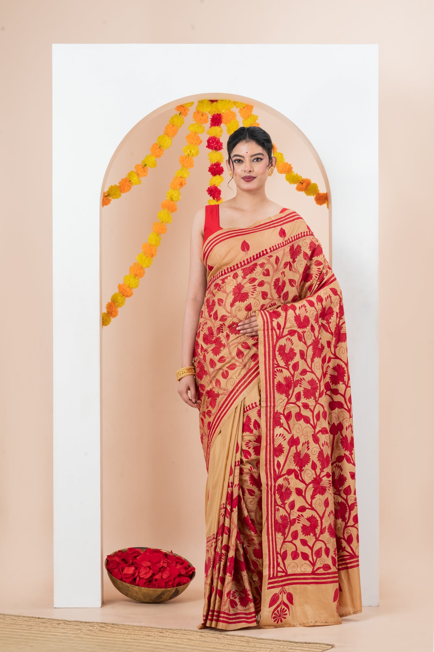 Red Floral-Patterned Saree