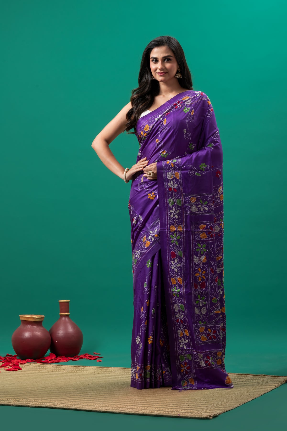 Purple Hand kantha stitch saree
