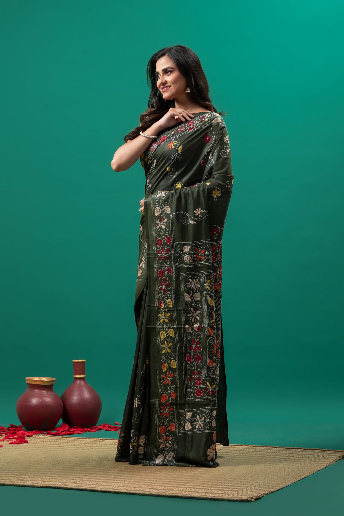 Dark Green Kantha stitch saree