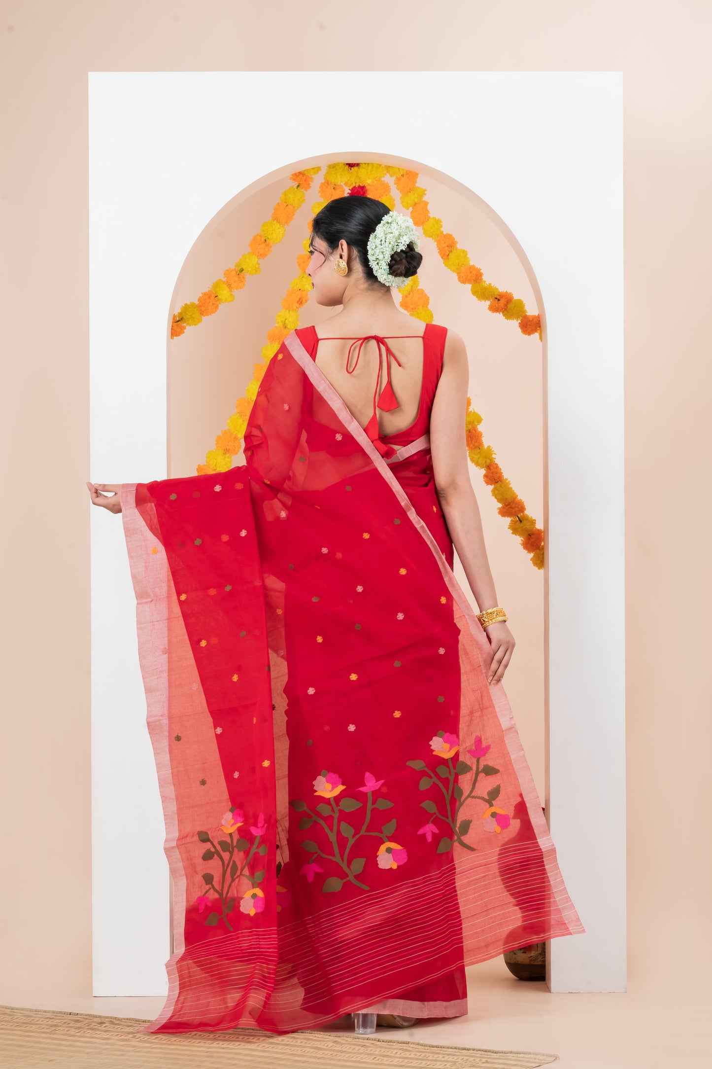 Red Pure Cotton Jamdani Saree