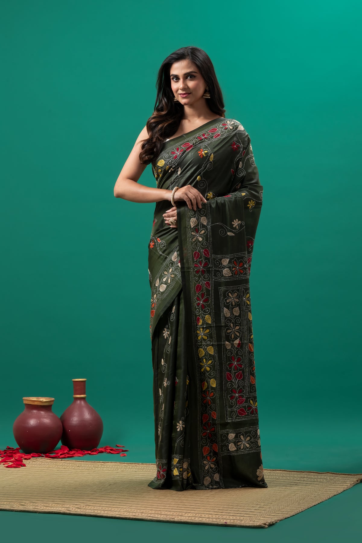 Dark Green Kantha stitch saree