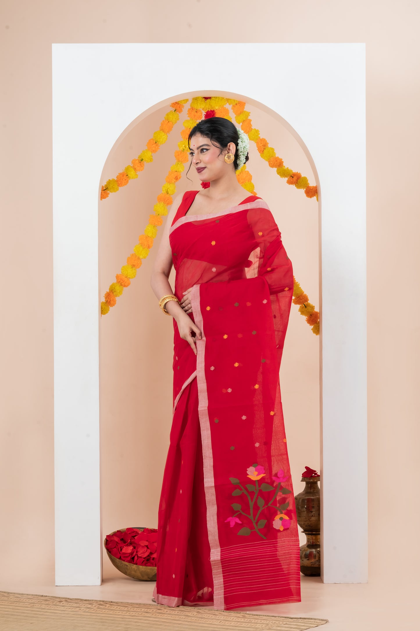Red Pure Cotton Jamdani Saree
