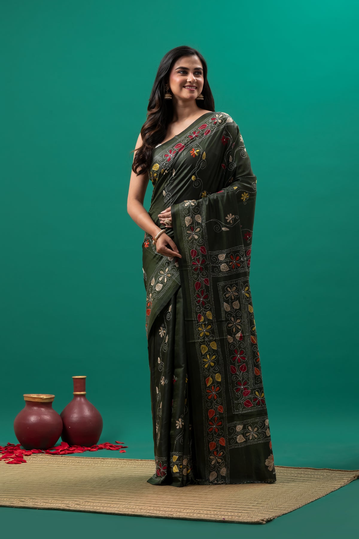 Dark Green Kantha stitch saree