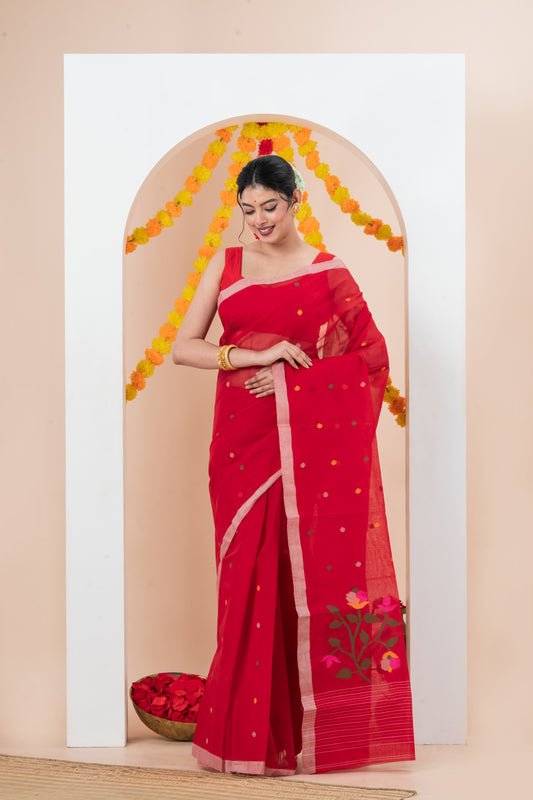 Red Pure Cotton Jamdani Saree