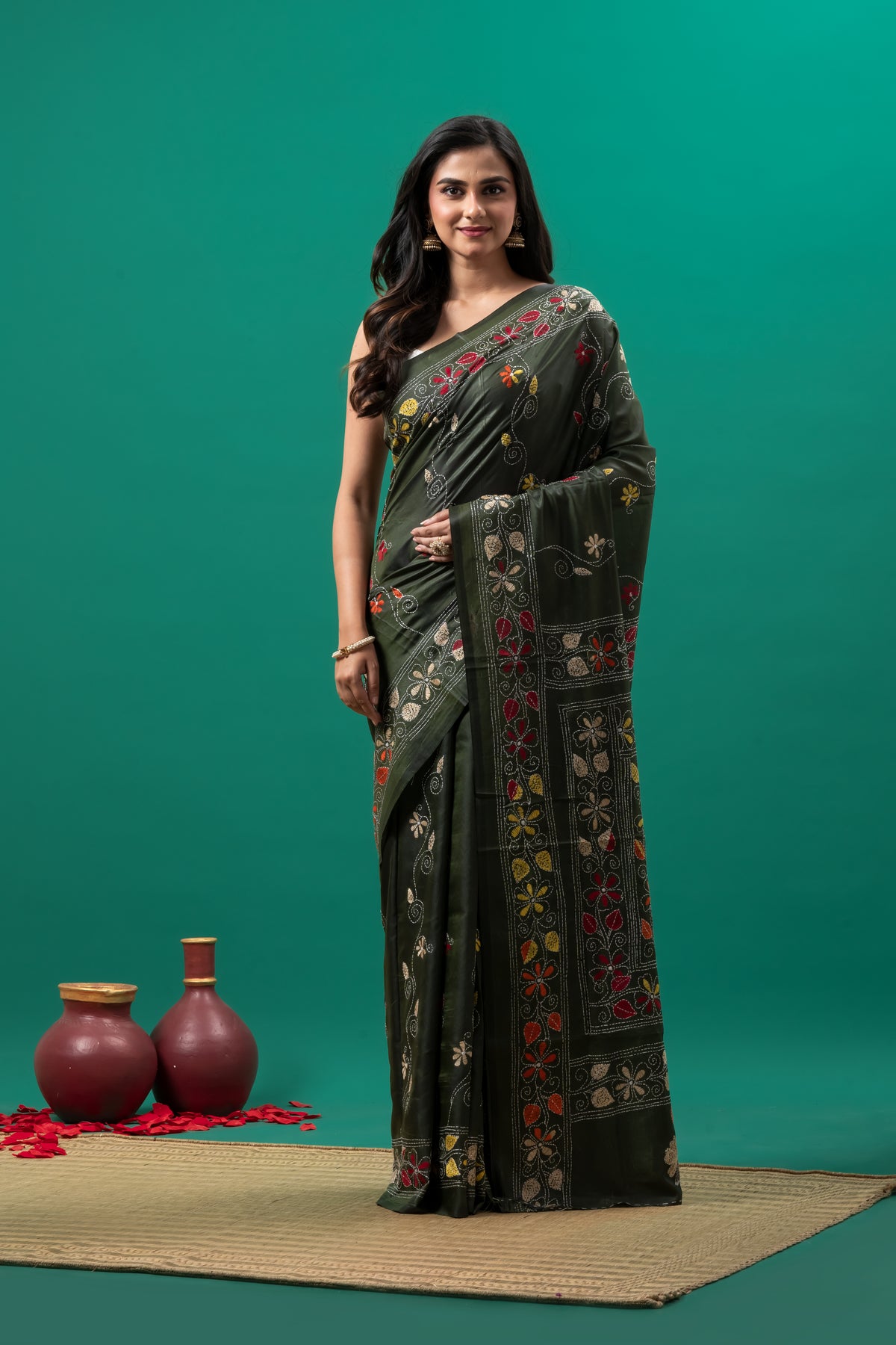 Dark Green Kantha stitch saree