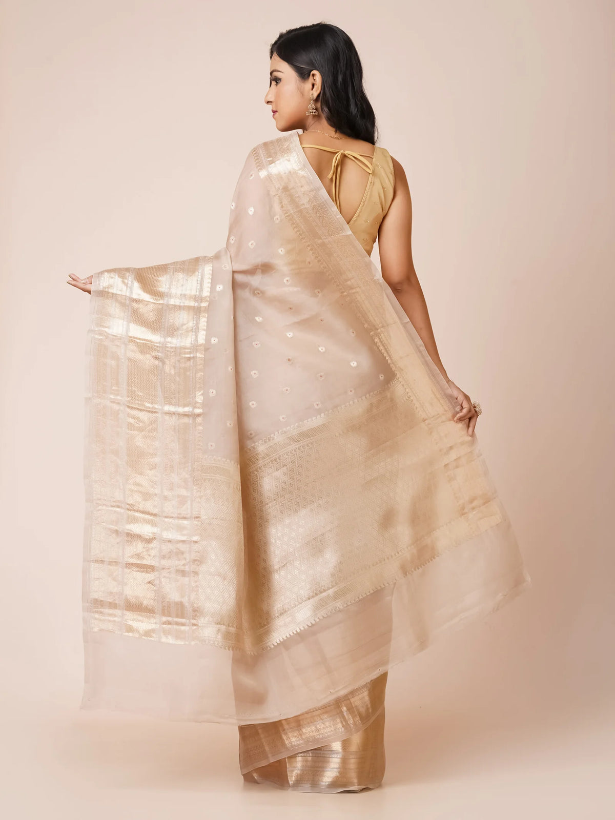 Sandal Sage Kora Banarasi Saree with Wide Zari Border