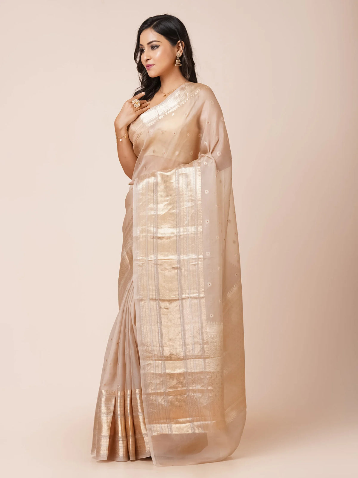 Sandal Sage Kora Banarasi Saree with Wide Zari Border