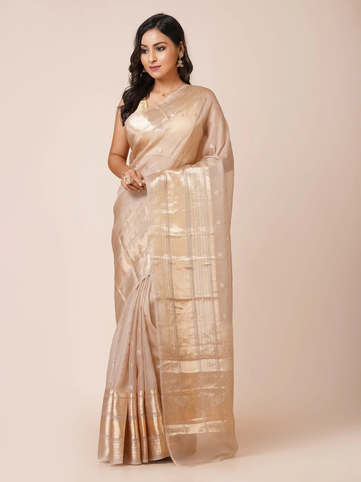 Sandal Sage Kora Banarasi Saree with Wide Zari Border