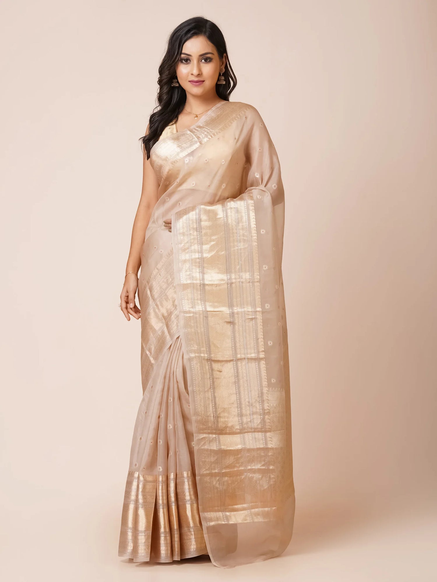 Sandal Sage Kora Banarasi Saree with Wide Zari Border