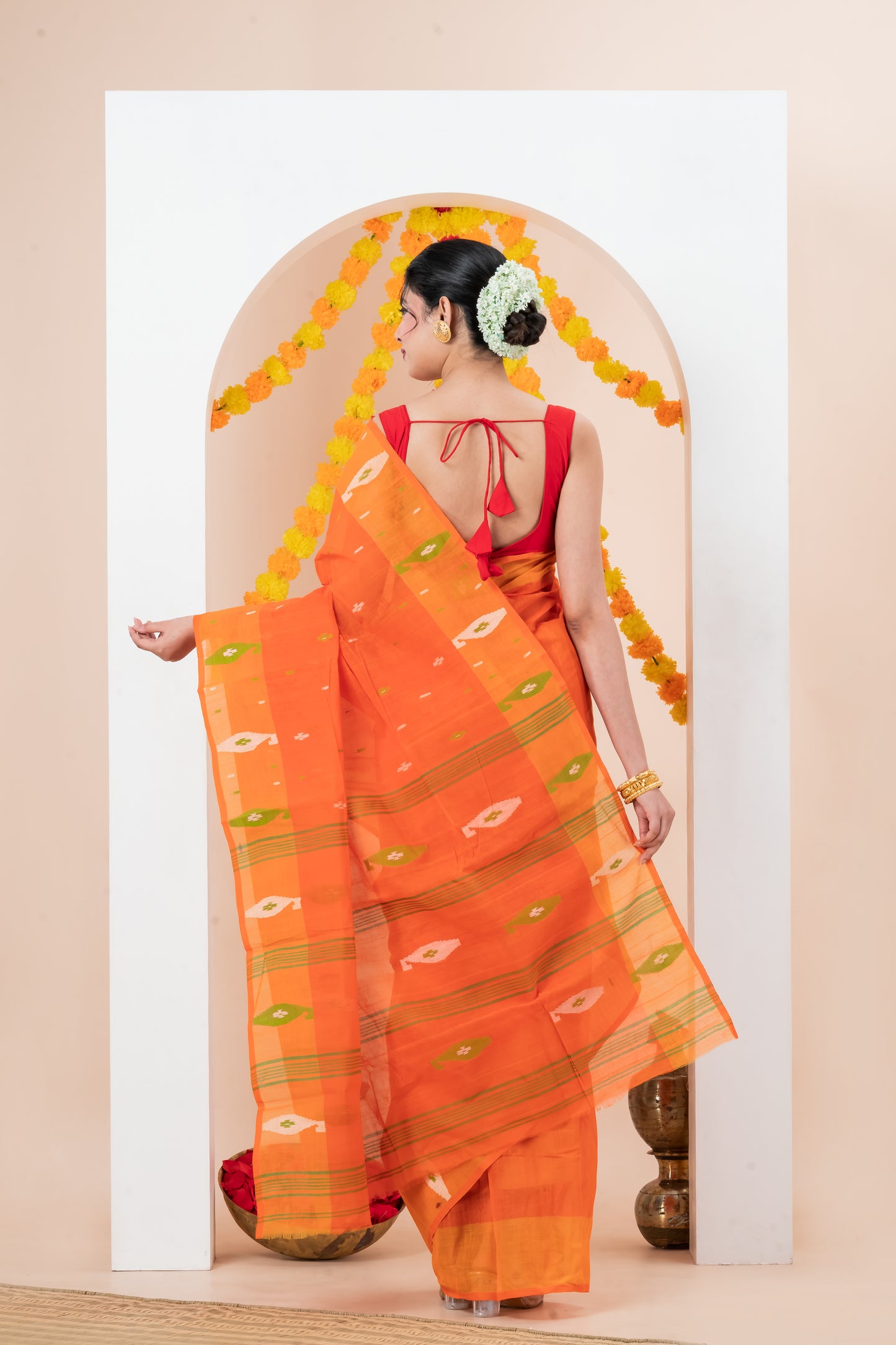 Orange Pure Cotton Jamdani Saree