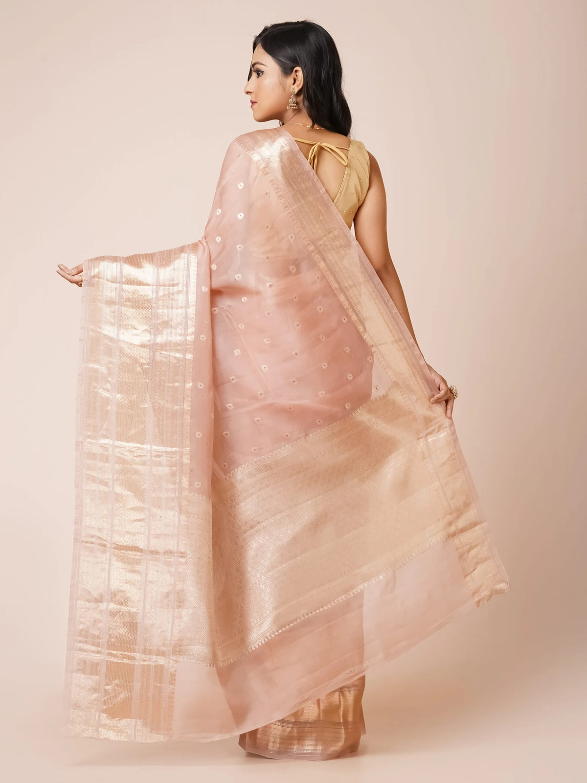 Dusty Rose Kora Banarasi Saree with Wide Zari Border