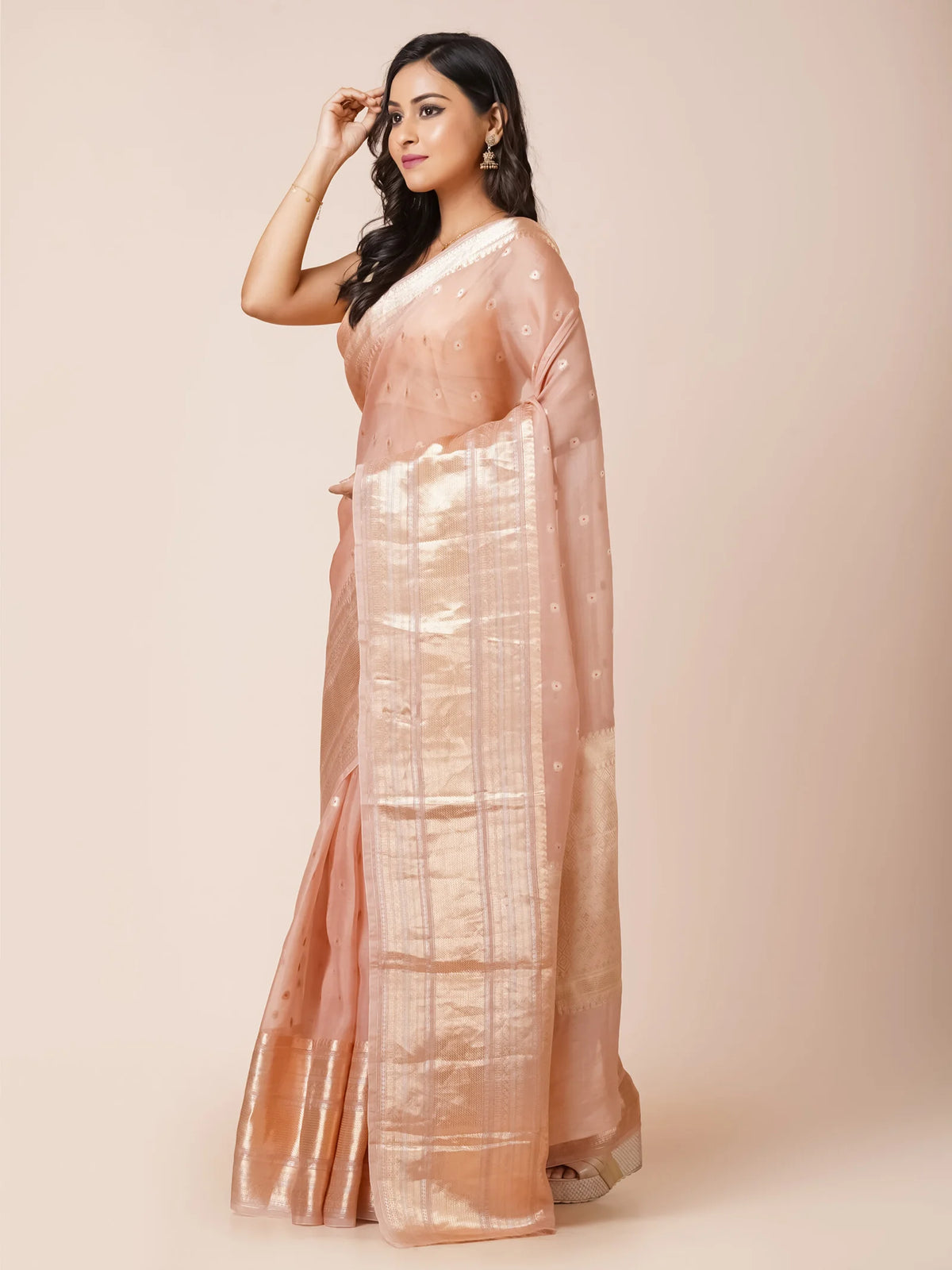 Dusty Rose Kora Banarasi Saree with Wide Zari Border