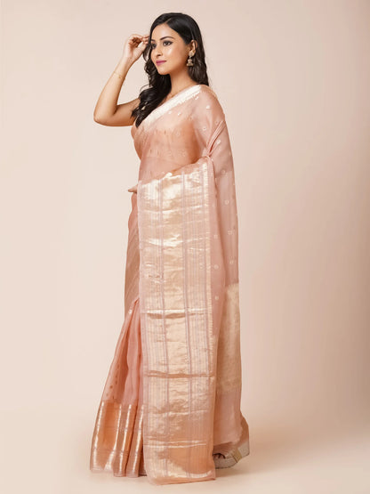 DUSTY ROSE KORA BENARASI SAREE WITH WIDE ZARI BORDER