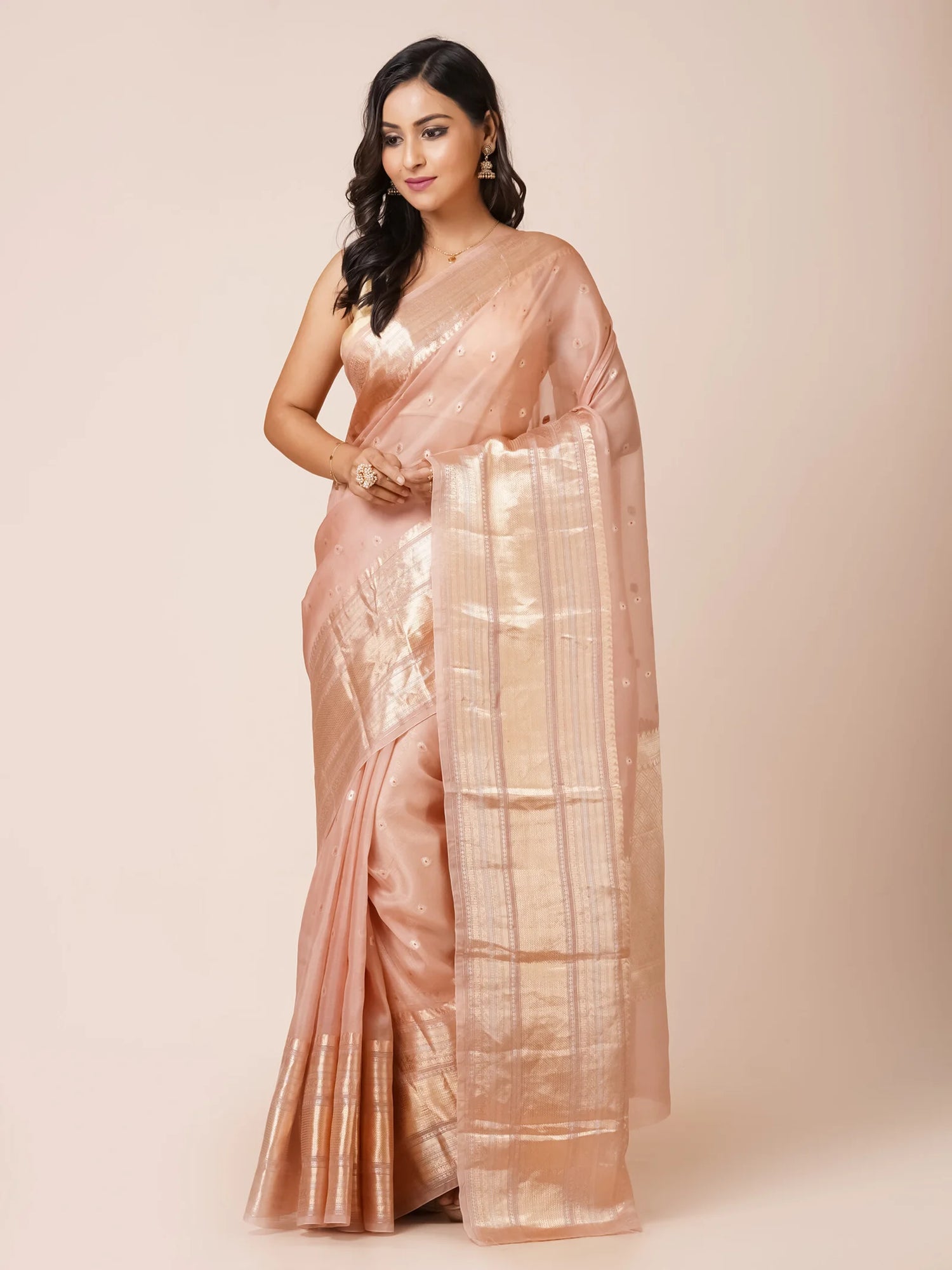 Dusty Rose Kora Banarasi Saree with Wide Zari Border