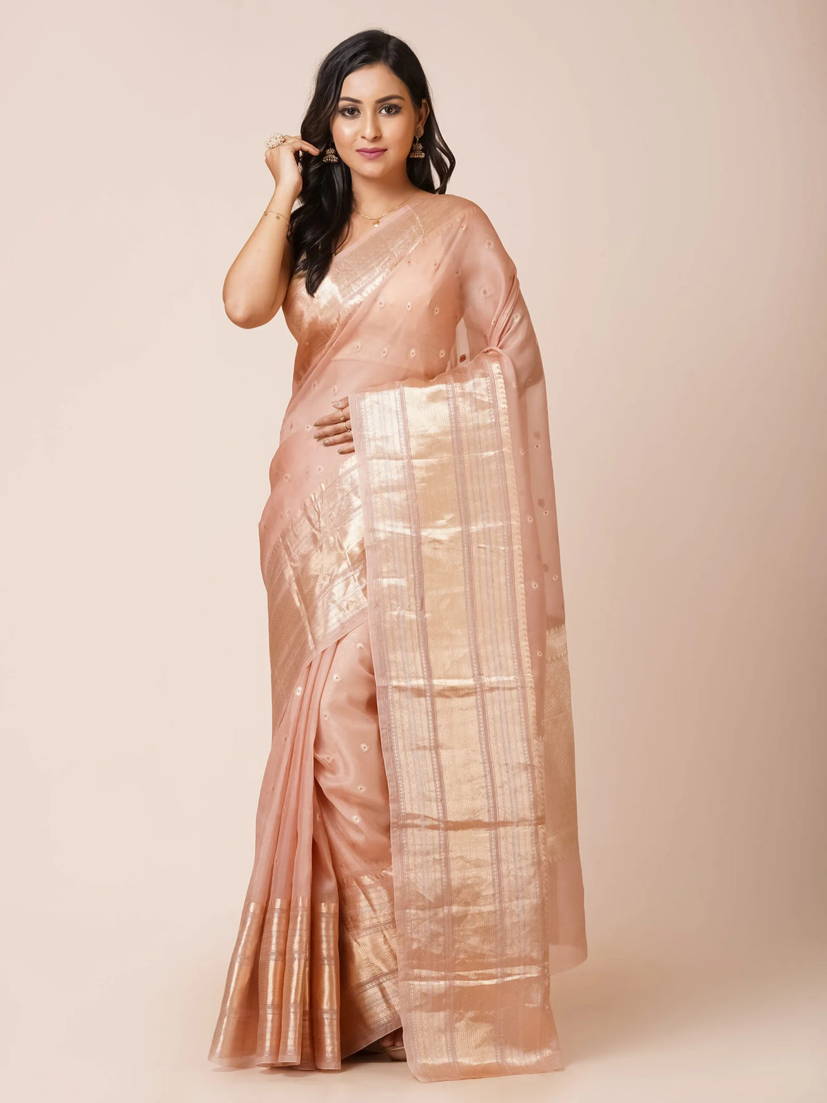 Dusty Rose Kora Banarasi Saree with Wide Zari Border