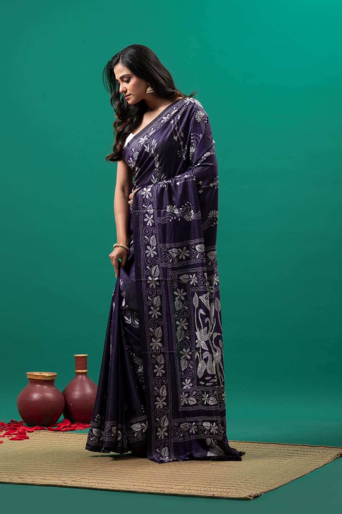 Deep purple with white Thread work Hand Kantha stitch Saree
