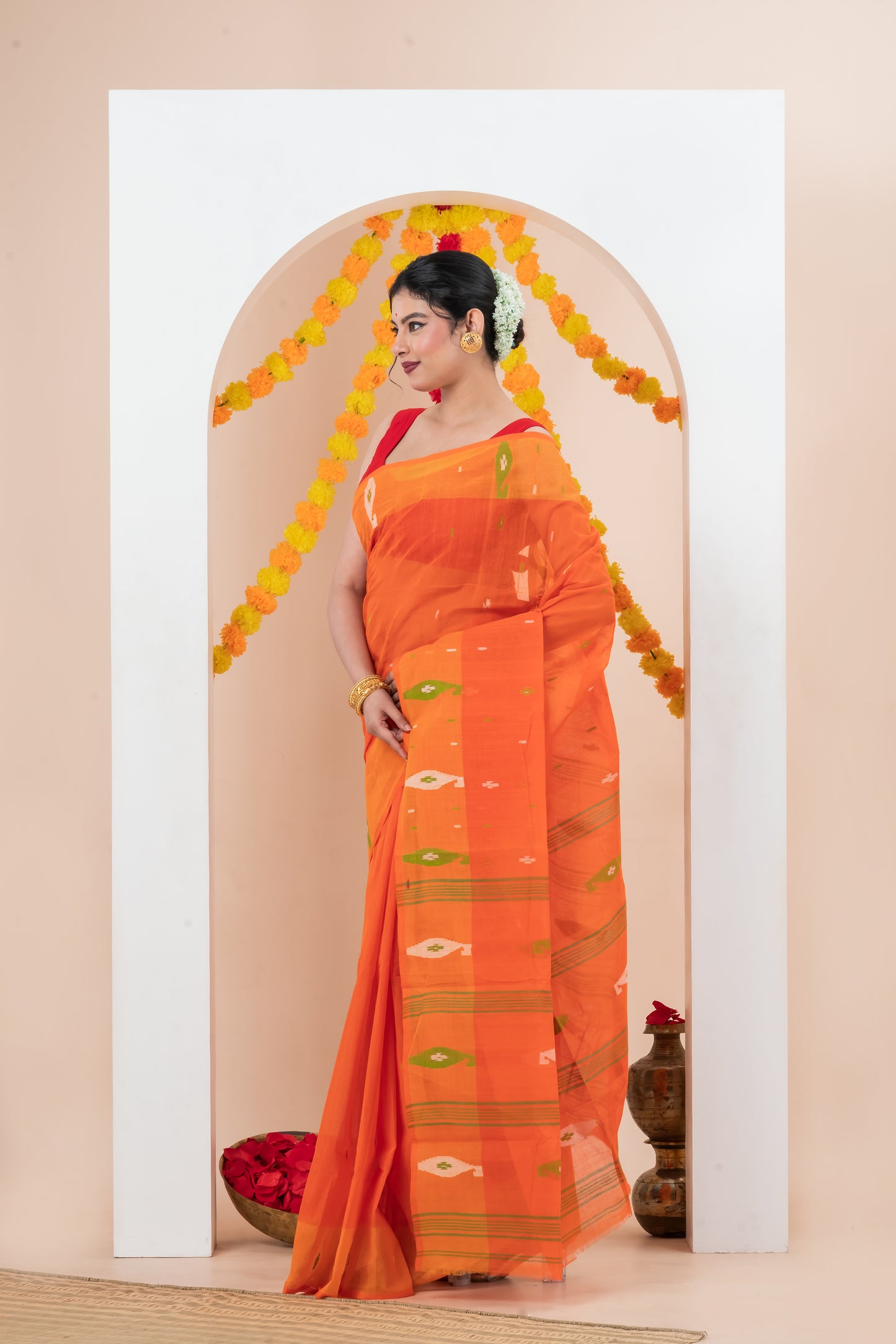 Orange Pure Cotton Jamdani Saree