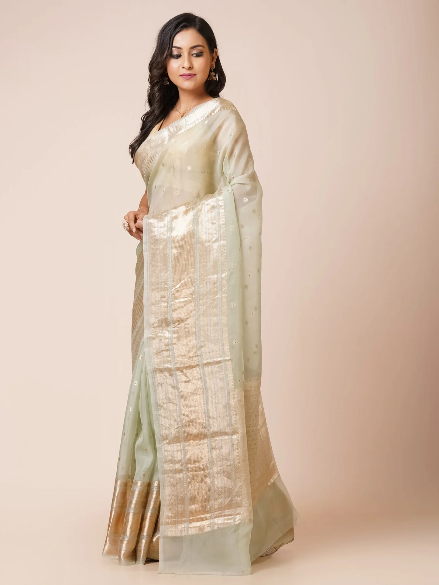 SOFT GREEN KORA BENARASI SAREE WITH WIDE ZARI BORDER