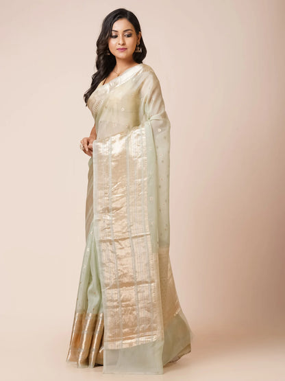 SOFT GREEN KORA BENARASI SAREE WITH WIDE ZARI BORDER