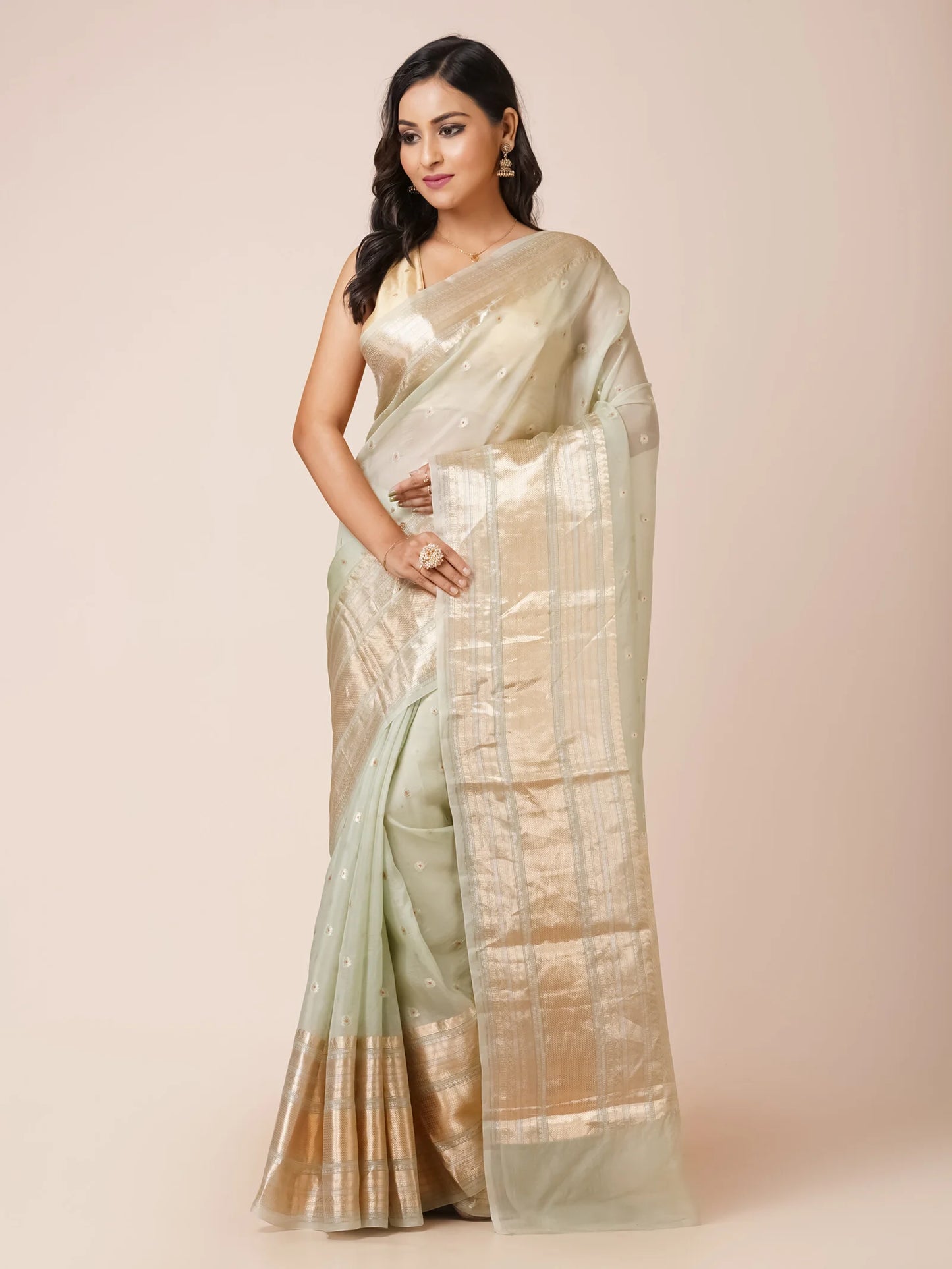 SOFT GREEN KORA BENARASI SAREE WITH WIDE ZARI BORDER