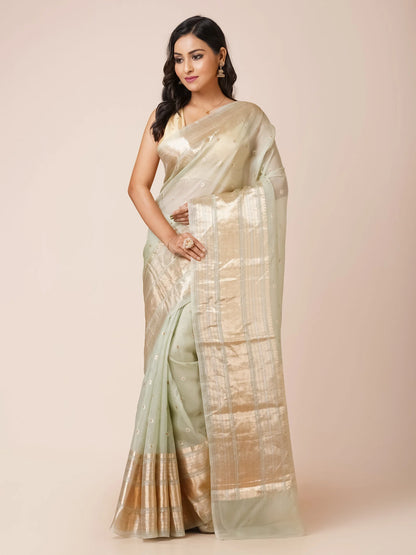 SOFT GREEN KORA BENARASI SAREE WITH WIDE ZARI BORDER