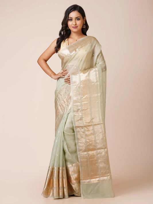 SOFT GREEN KORA BENARASI SAREE WITH WIDE ZARI BORDER
