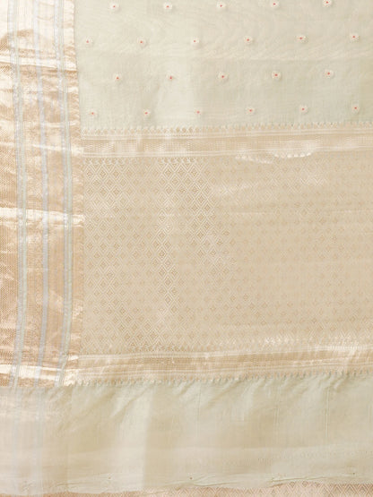 SOFT GREEN KORA BENARASI SAREE WITH WIDE ZARI BORDER