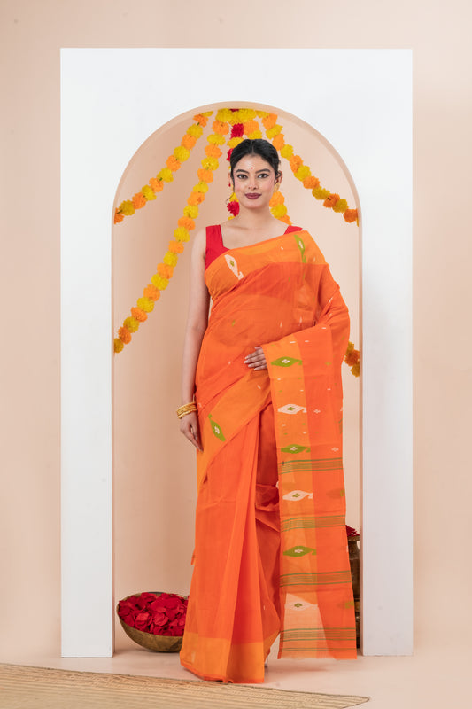 Orange Pure Cotton Jamdani Saree