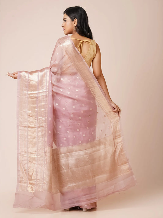LIGHT PINK KORA BENARASI SAREE WITH WIDE ZARI BORDER