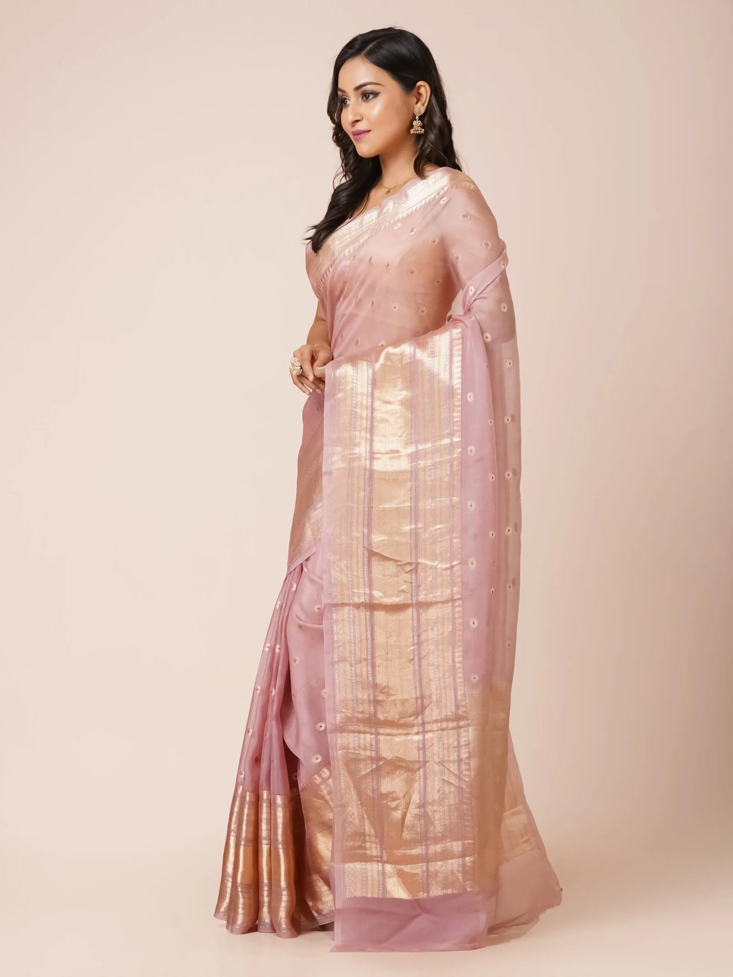 LIGHT PINK KORA BENARASI SAREE WITH WIDE ZARI BORDER