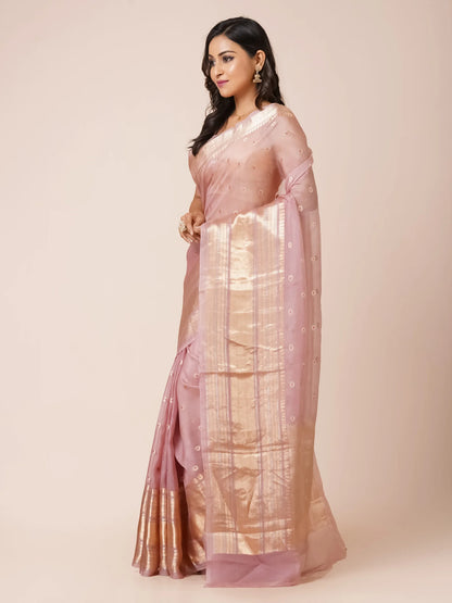 LIGHT PINK KORA BENARASI SAREE WITH WIDE ZARI BORDER
