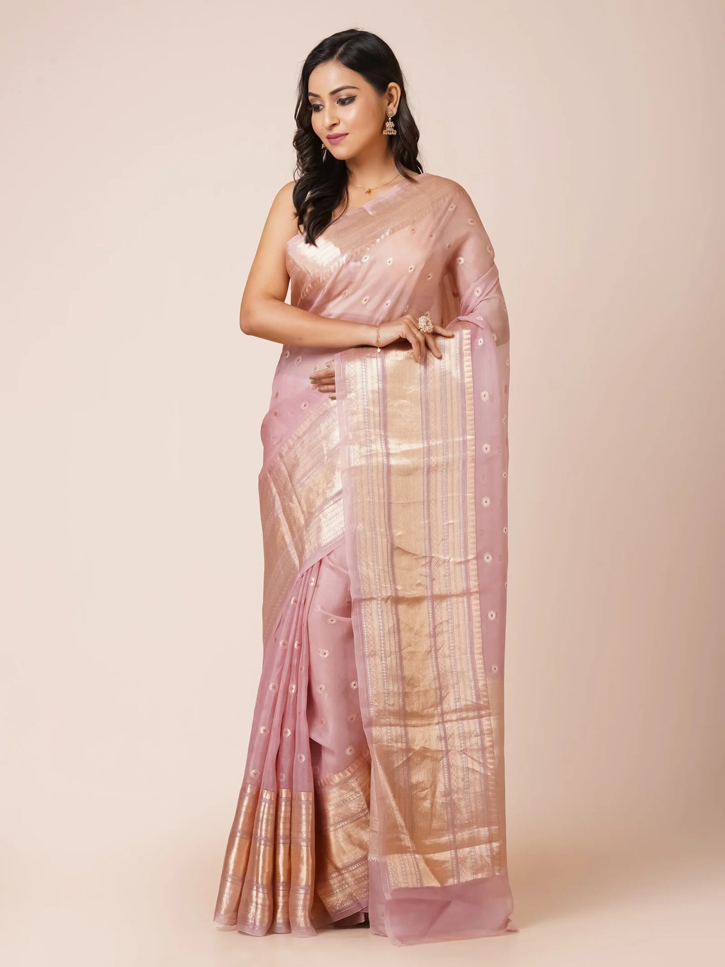 LIGHT PINK KORA BENARASI SAREE WITH WIDE ZARI BORDER