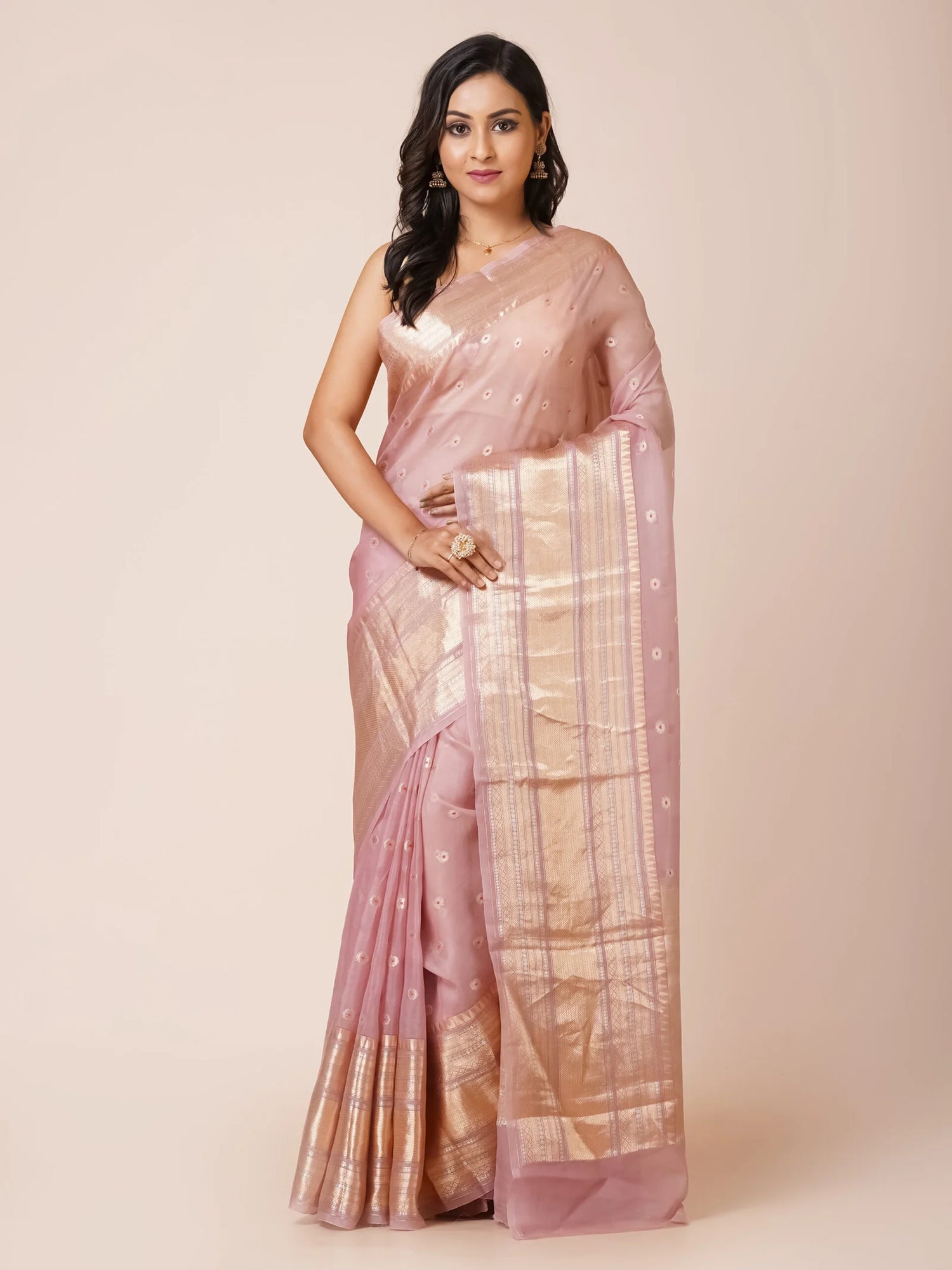 Light Pink Kora Banarasi Saree with Wide Zari Border