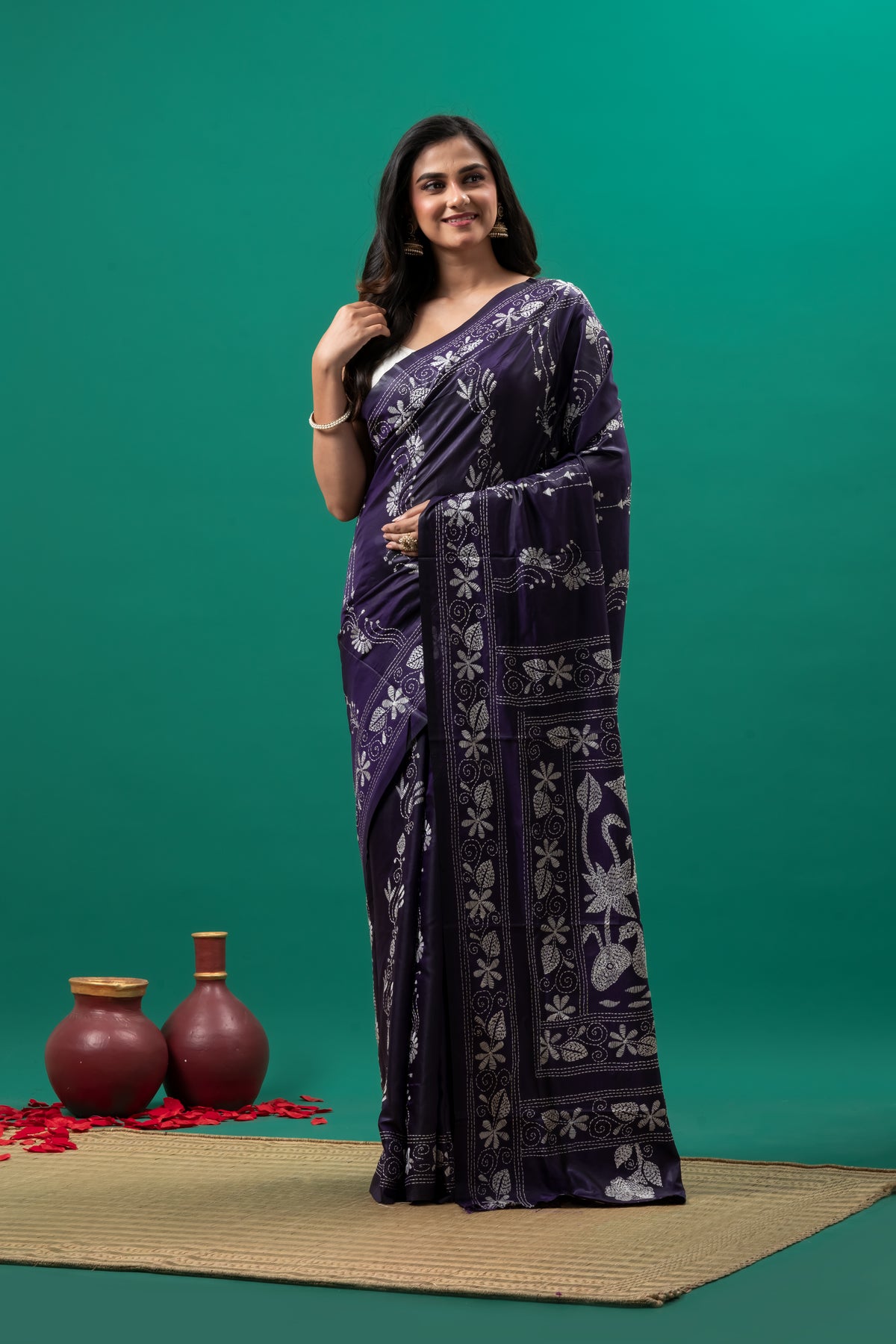 Deep purple with white Thread work Hand Kantha stitch Saree