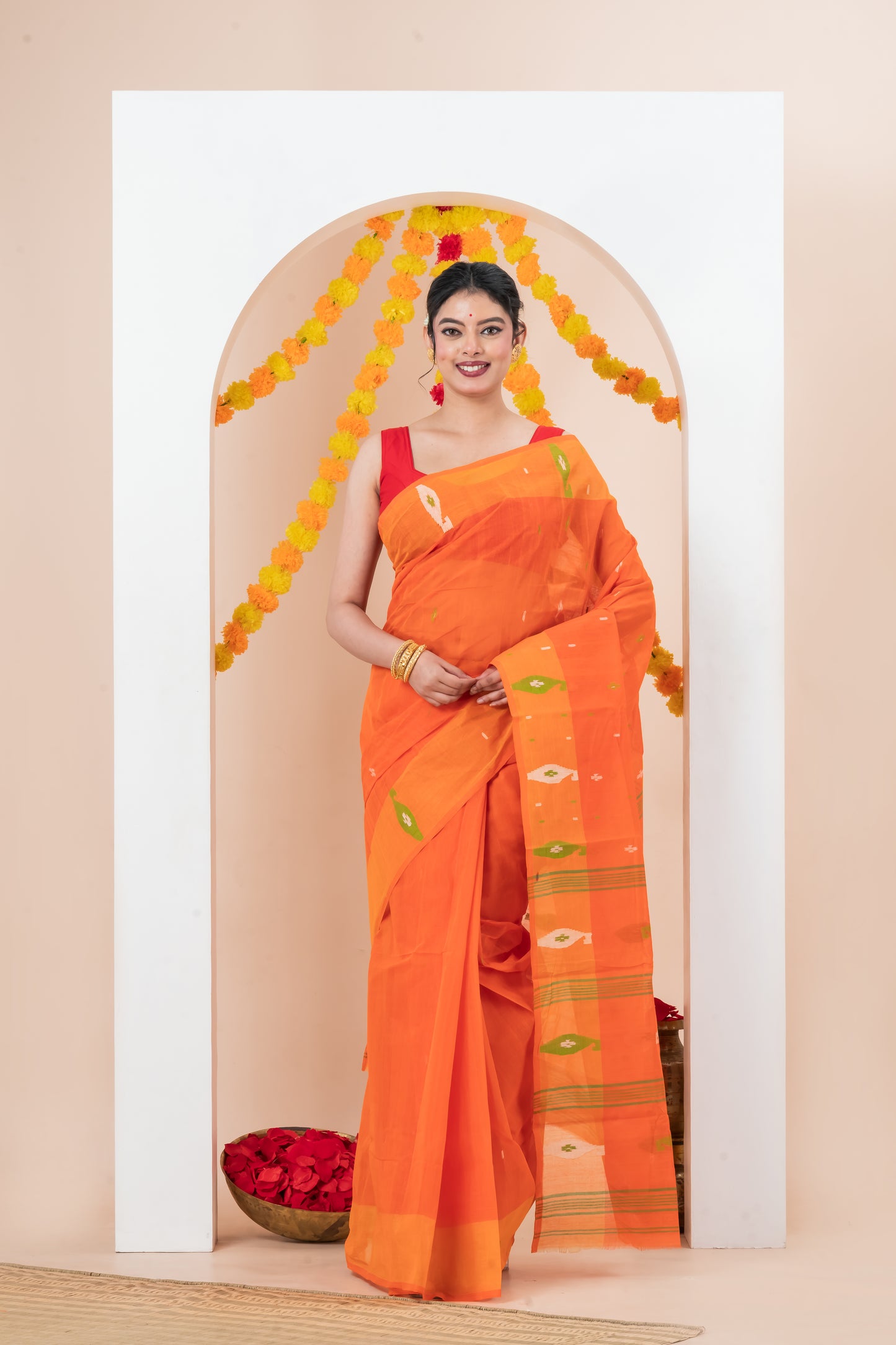 Orange Pure Cotton Jamdani Saree