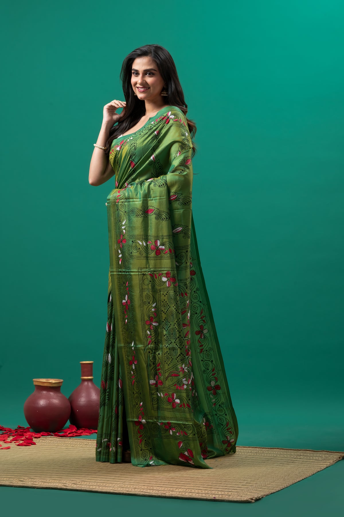 Green Kantha stitch saree