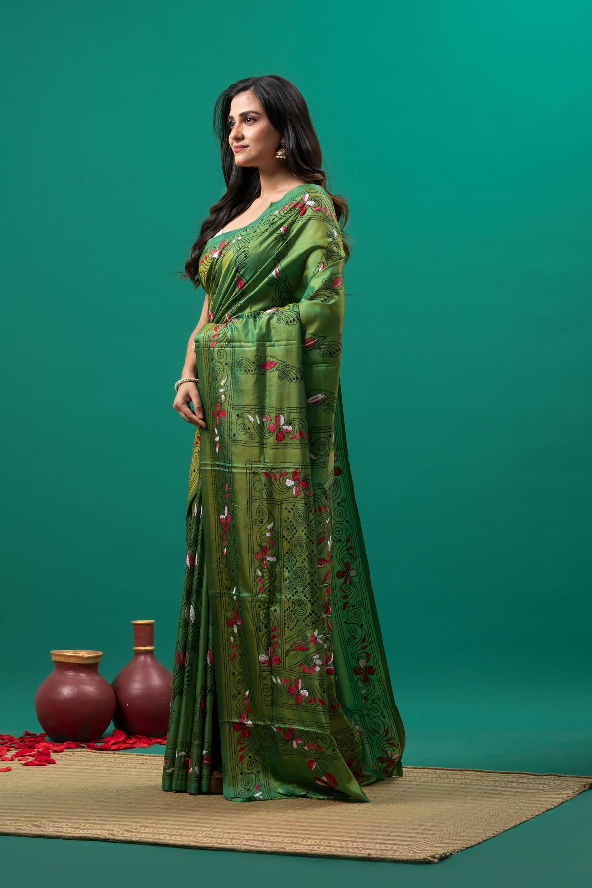 Green Kantha stitch saree