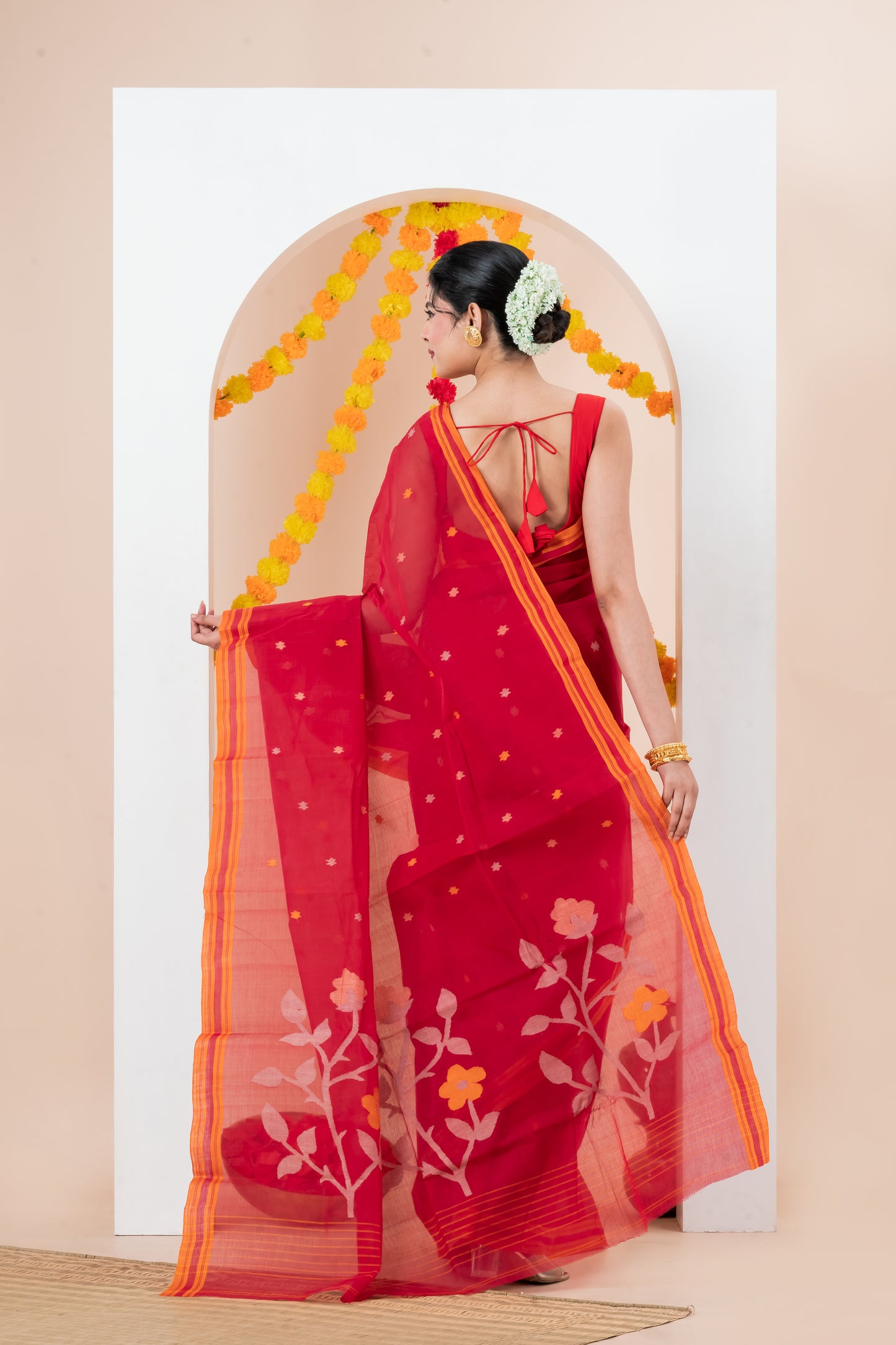 Bright Red Saree Cotton Jamdani saree