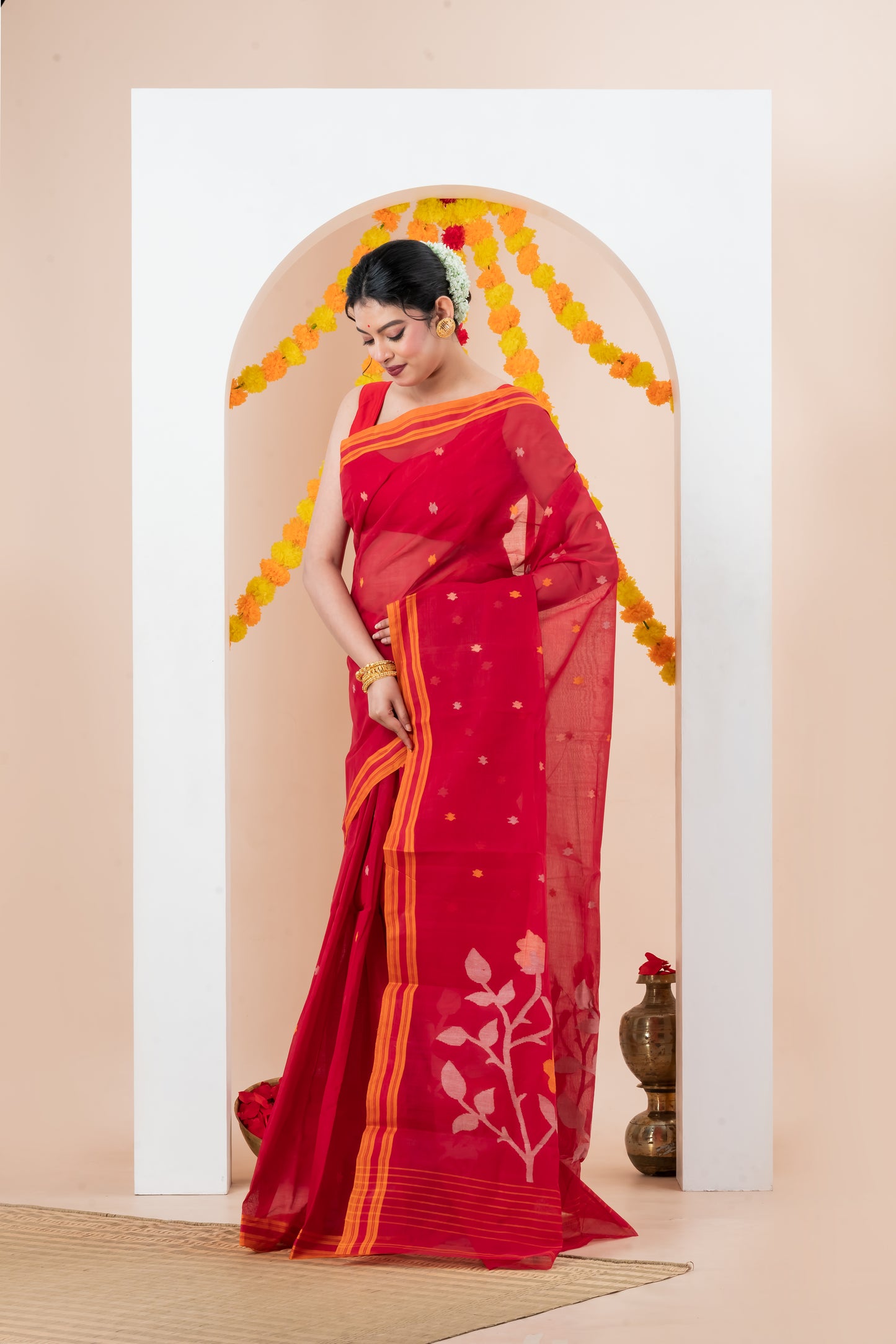 Bright Red Saree Cotton Jamdani saree