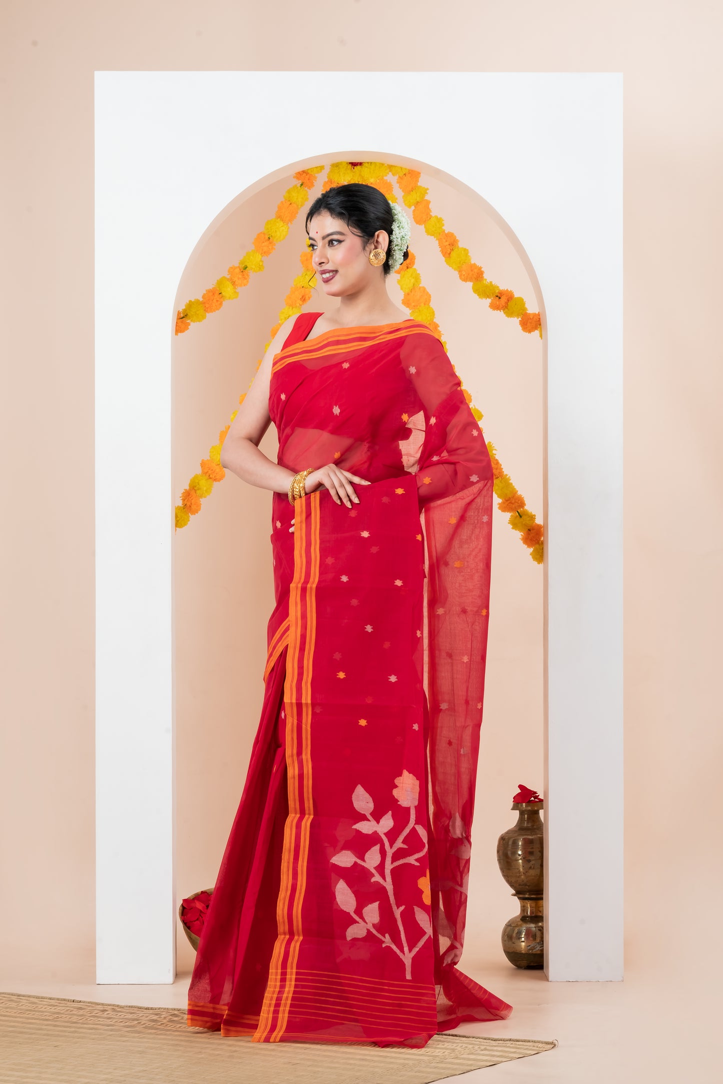Bright Red Saree Cotton Jamdani saree