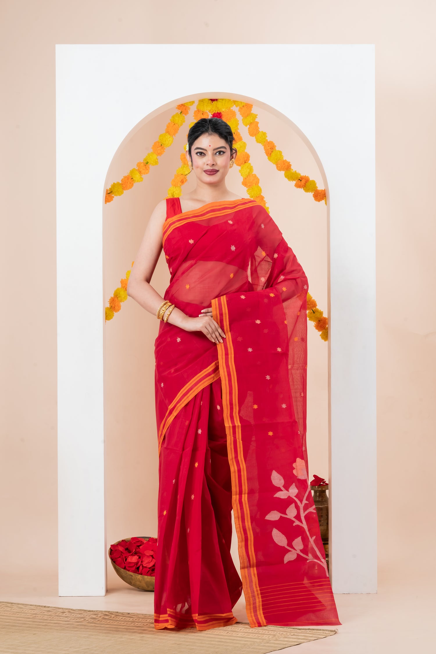 Bright Red Saree Cotton Jamdani saree