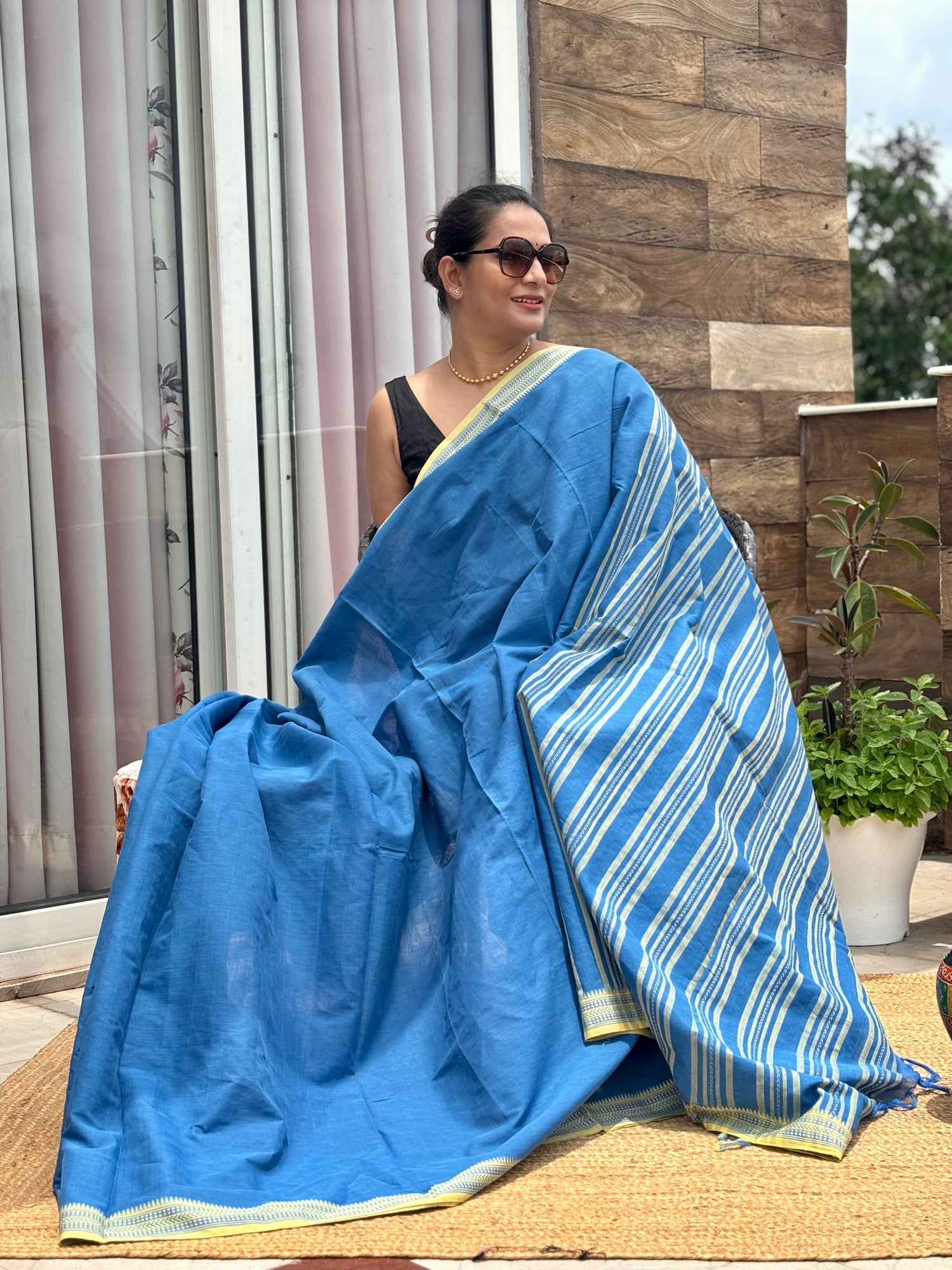 Blue Pure Cotton by Cotton handwoven Saree