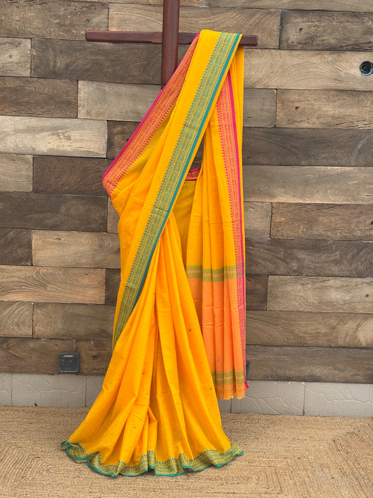 Yellow Soft Cotton Dhonekhali Saree