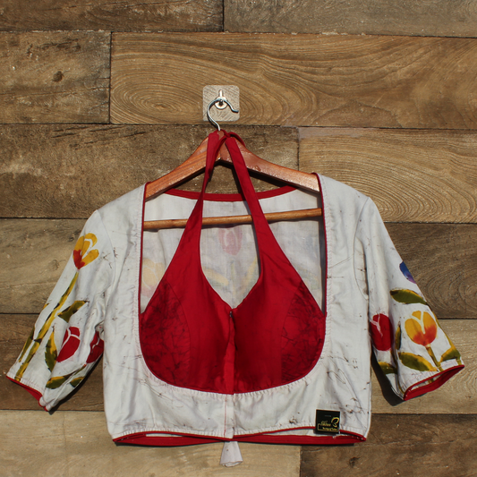 white and red silk Batik  Blouse