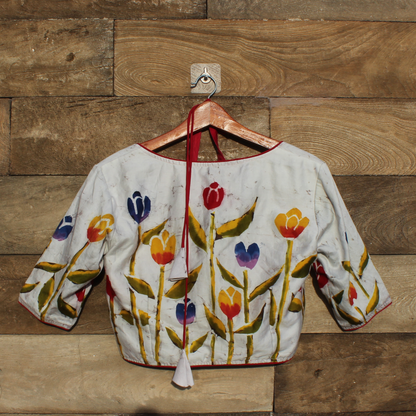 white and red silk Batik  Blouse