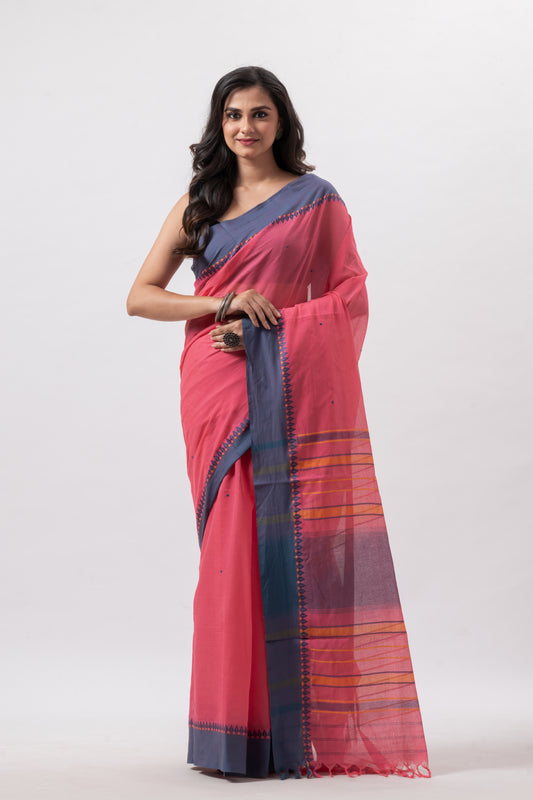 Peach Pink Handwoven Pure Cotton Begumpuri Saree