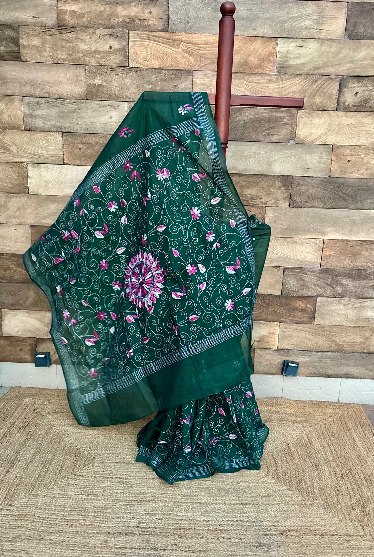 Green Pure Cotton Hand Kantha Stitch Saree