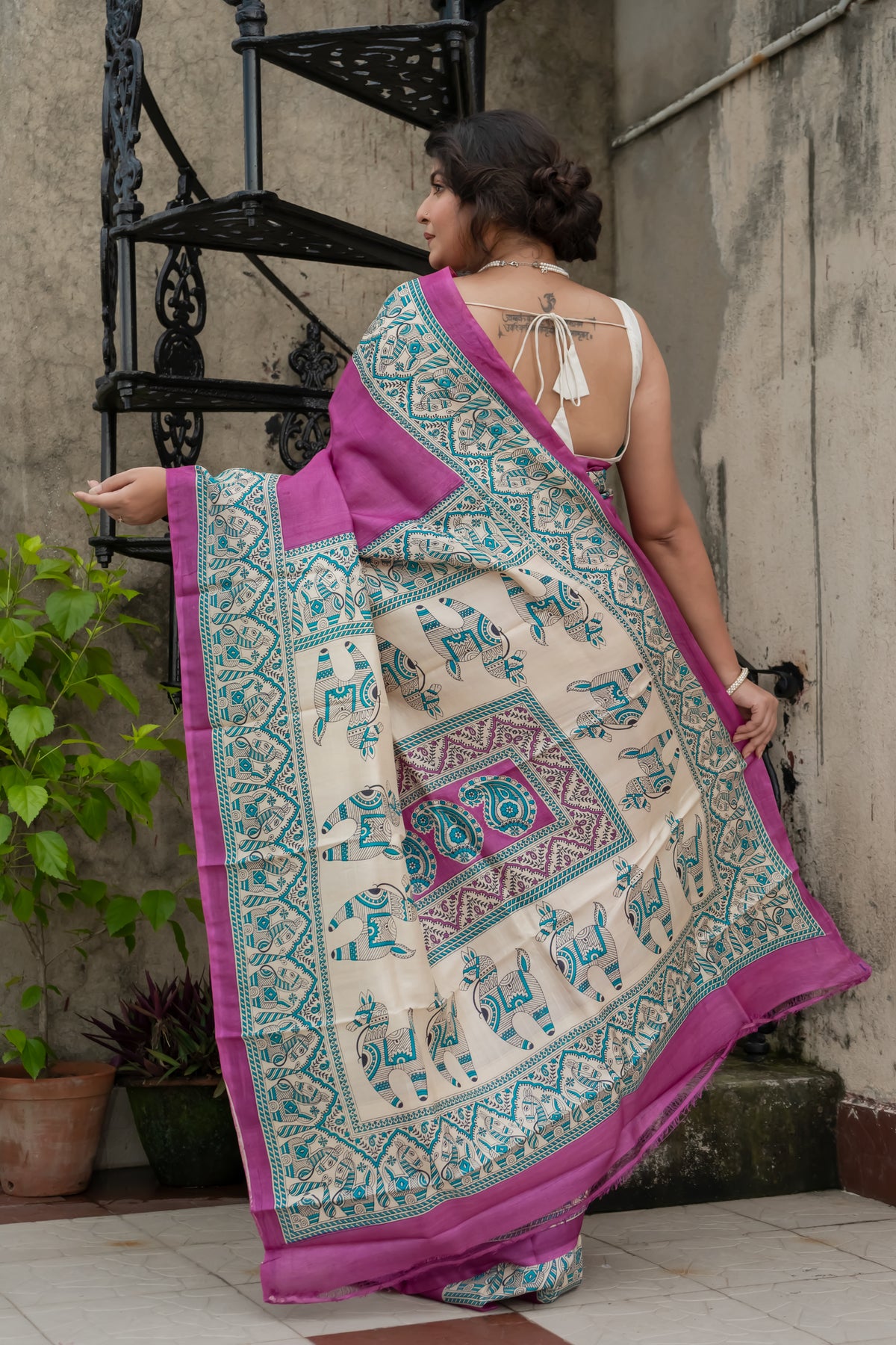 Purple Madhubani Pure Tussar Silk Saree
